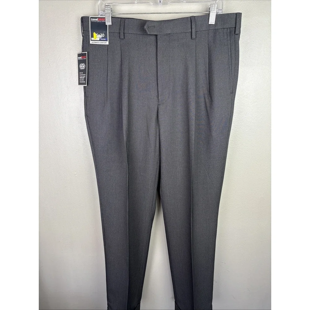 Travel Smart Mens Classic‎ Fit Dress Pants 36/ 30 Grey Herringbone Stretch
